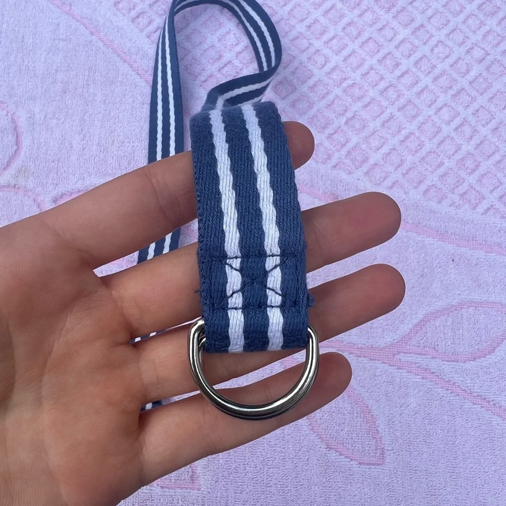 Striped Canvas D-Ring Belt Kids, Blue/White